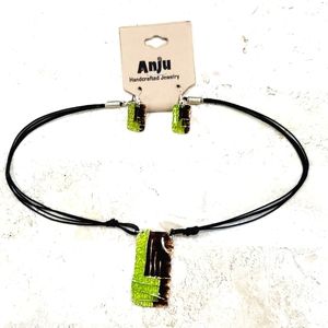 Anju Handcrafted Jewelry 18 inch necklace and earrings set lime green and brown